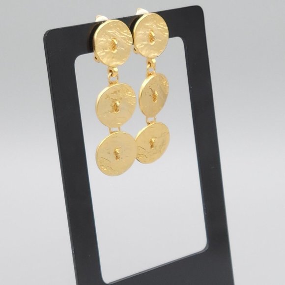 Womens Gold Tone Shiny Three Coin Fashion Dangle Clip On Earrings 2 1/2 in - Picture 3 of 6